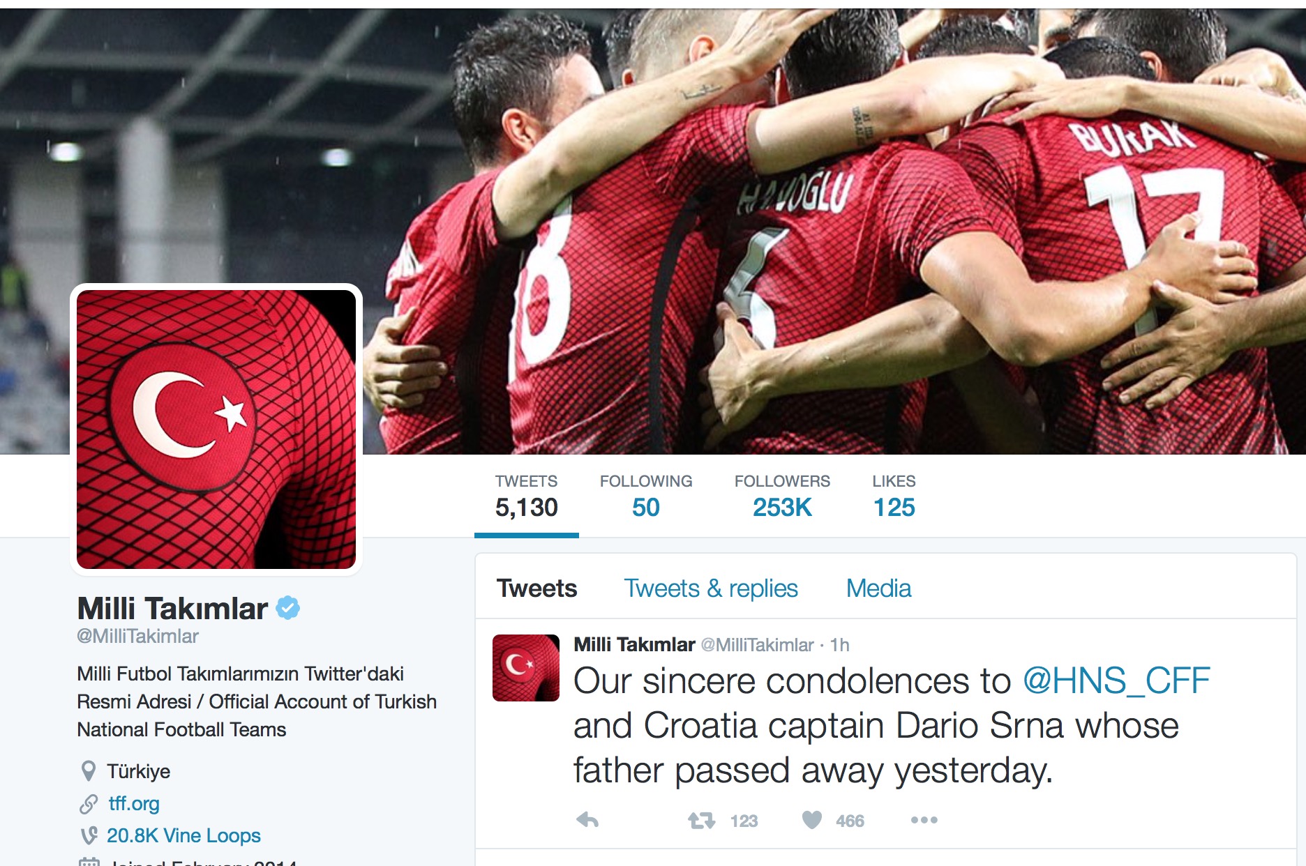 De türkische Fußballverband spricht Darijo Srna sein Beileid aus.